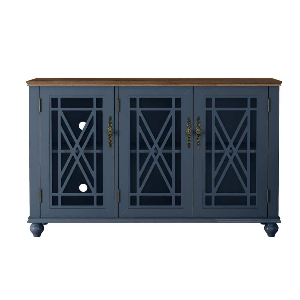 55" Navy and Wood Vintage Storage Sideboard Buffet Cabinet