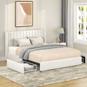 Anda Ivory Boucle Upholstered Metal Frame Queen Size Platform Bed With 2-Drawers