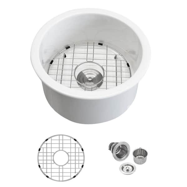 18 in. Fireclay Undermount Round Bar Sink with Bottom Grid and Drain Assembly