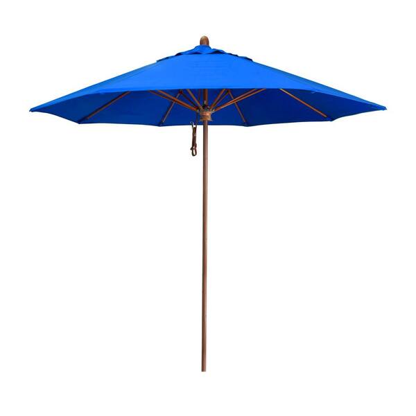California Umbrella 9 ft. Woodgrain Aluminum Commercial Market Patio Umbrella Fiberglass Ribs and Pulley Lift in Pacific Blue Sunbrella