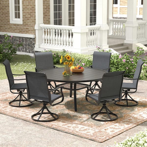 Black 7-Piece Metal 47.2 in. Round Outdoor Dining Set with 360° Textilene Fabric Swivel Chairs and Umbrella Hole