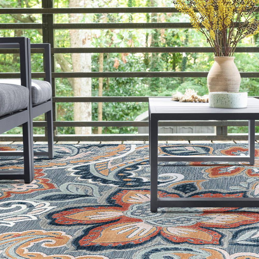 Tropic Floral Dark Blue Synthetic 5' x 7' Easy Care Area Rug
