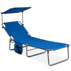 Silver Metal Outdoor Chaise Lounge with Sun Shade and Side Pocket Storage Navy