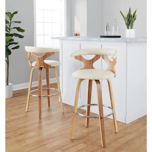 Gardenia 29.25 in. Cream Faux Leather, Zebra Wood, and Chrome Metal Fixed-Height Bar Stool (Set of 2)