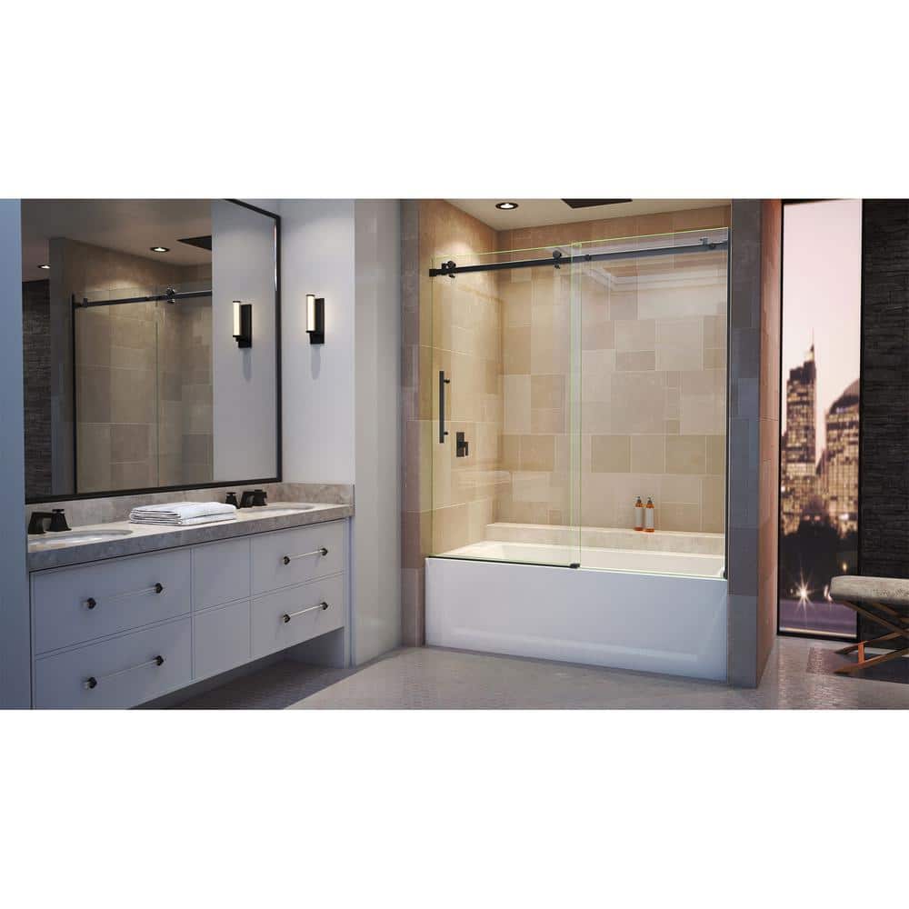 Matte Black Frameless Sliding Tub Door with Clear Glass