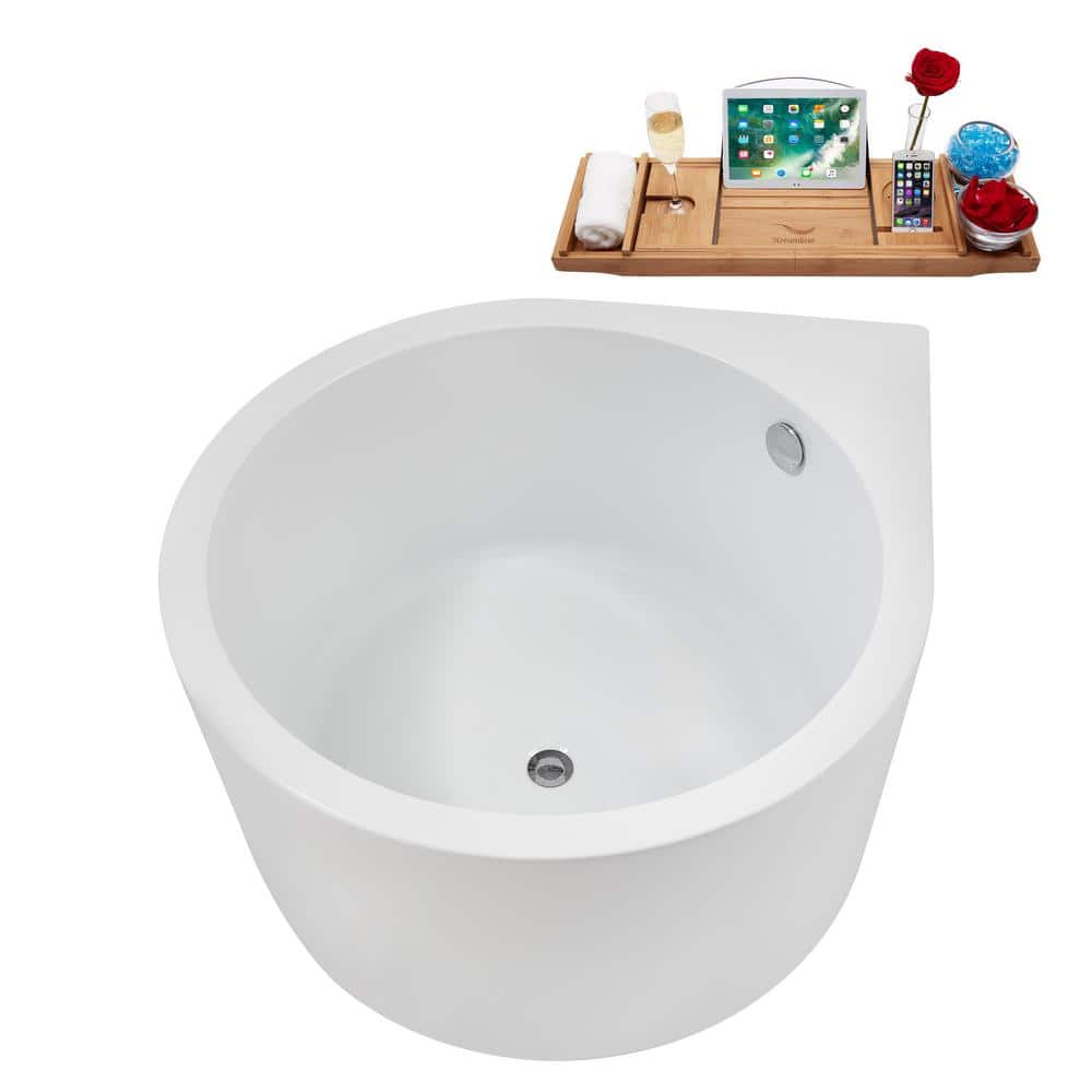 47" Glossy White Acrylic Freestanding Soaking Bathtub with Polished Chrome Drain and Bamboo Tray