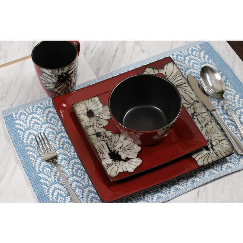Red Ceramic Square Dinnerware Set with White Flower Accents, Service for 4