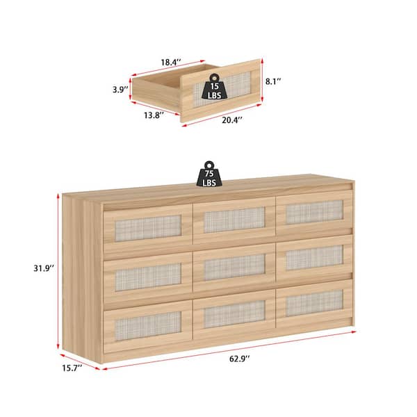 FUFU&GAGA Rattan Wood Finish 9-Drawer 62.9 in. x 15.7 in. x 31.9 in. Dresser,  Wooden Chest of Drawers for Bedroom, Living Room Y-THD-210322-01 - The Home  Depot