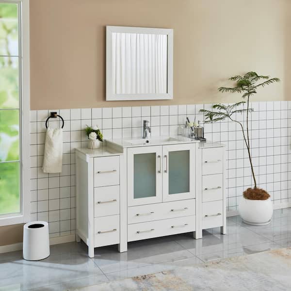 Brescia 54 in. W x 18 in. D x 36 in. H Bathroom Vanity in White with Vanity Top in White with White Basin and Mirror