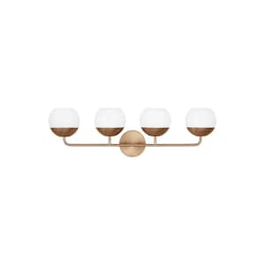 Alvin 33.375 in. 4-Light Satin Brass Vanity Light with LED Bulbs and Milk Glass Shades