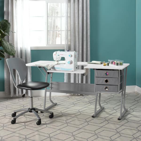 Ultra 60.25 in. W x 23.75 in. D PB Eclipse Craft Sewing Table with 3 Storage Drawers in White with Gray Metal Frame