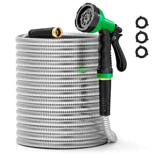 5/8 in. Dia. x 50 ft. Heavy-Duty 304 Stainless Steel Metal Water Garden Hose with 10-Function Nozzle