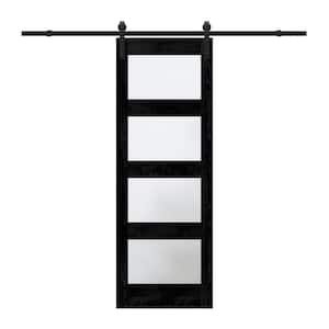 30 in. x 84 in. 4-Lite Tempered Frosted Glass Black Prefinished MDF Sliding Barn Door with Hardware Kit