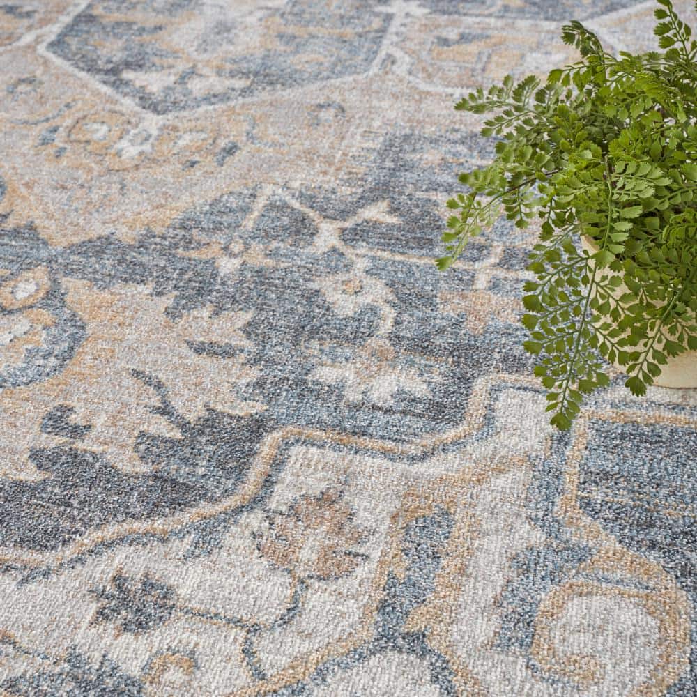 Grey Blue Floral Synthetic 9' x 12' Washable Area Rug