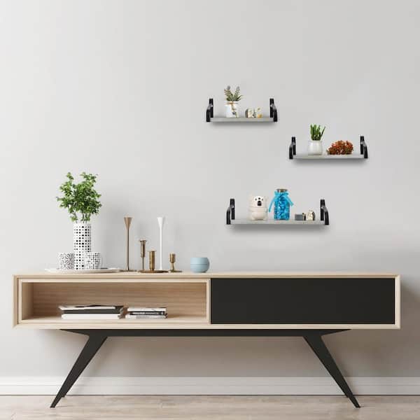 Floating Shelves Wall Mounted,Rustic Wood Set of 3 for Bathroom,Living Room-Grey