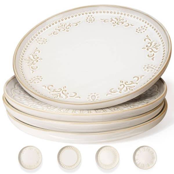 White Large Ceramic Dinner Plates Set of 4, 10.75 in. Embossed Kitchen Salad Plates, Plates with Lipped Edges