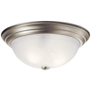 Independence 15.25 in. 3-Light Brushed Nickel Traditional Hallway Flush Mount Ceiling Light with Alabaster Swirl Glass