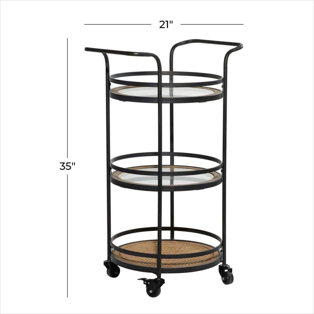 21'' Brown Metal and Rattan Round Bar Cart with Glass Shelves
