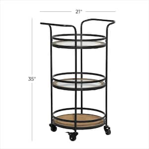 35 in. H Brown Rolling 1 Rattan and 2 Glass Shelves Bar Cart with Handles