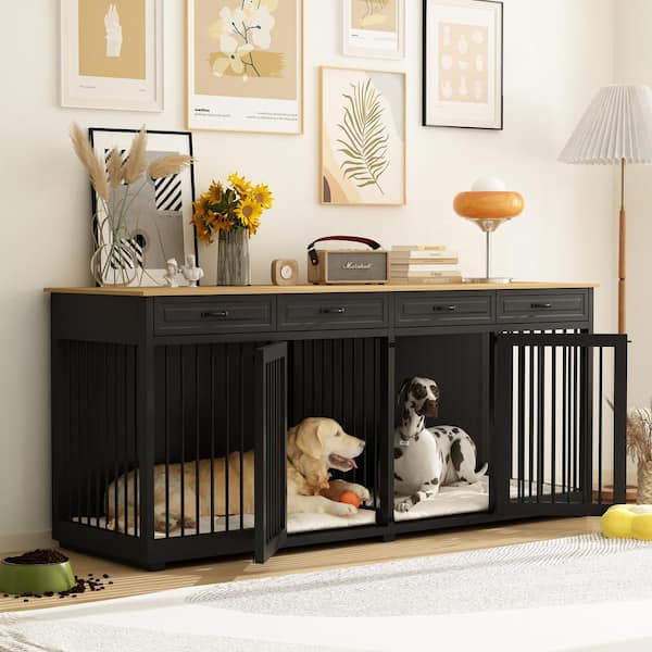 86.6 in. Wooden Dog Crate Kennel with 4-Drawers and Divider Dog Crates, Large Dog Pens Furniture for 2 Large Dogs, Black