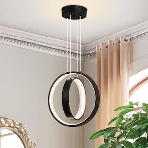Modern 2-Light Dimmable Integrated LED Black Pendant Light Ring Chandelier Adjustable Height for Dining Room