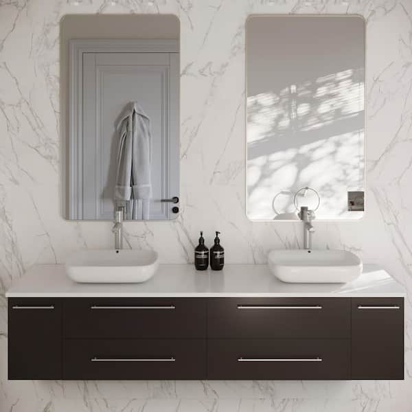 Lucera 72 in. Double Sink Wall Mount Floating Espresso Bath Vanity with White Quartz Top and Vessel Ceramic Sinks