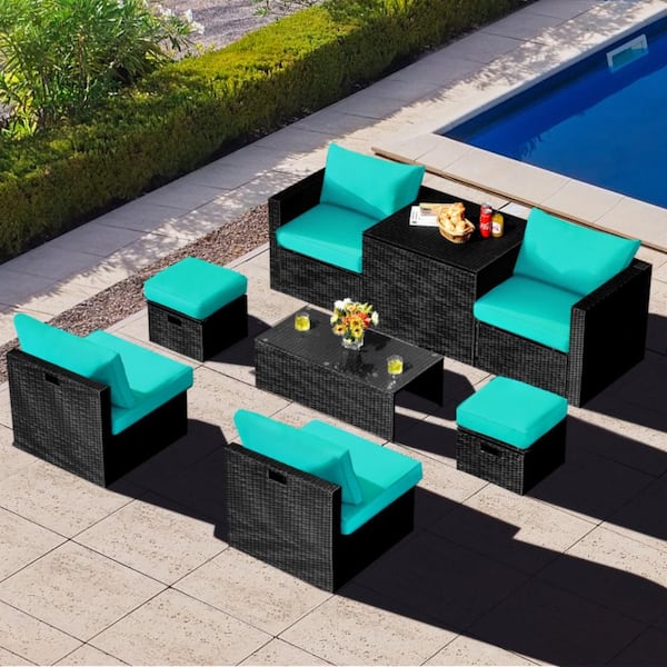8-Piece Wicker Patio Conversation Set with Waterproof Cover and Turquoise Cushions