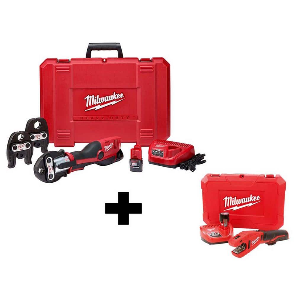 Milwaukee M12 12-Volt Lithium-Ion Force Logic Cordless Press Tool Kit (3 Jaws Included) with Free M12 Copper Tubing Cutter Kit -  2473-22-2CC