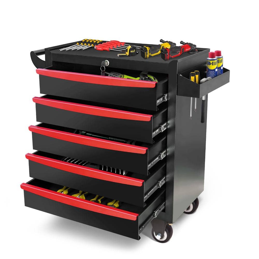 Black+Red 29 in. H 5-Drawer Storage Cabinet on Wheels  Rolling Tool Chest for Garages, Warehouses, Repair Shops