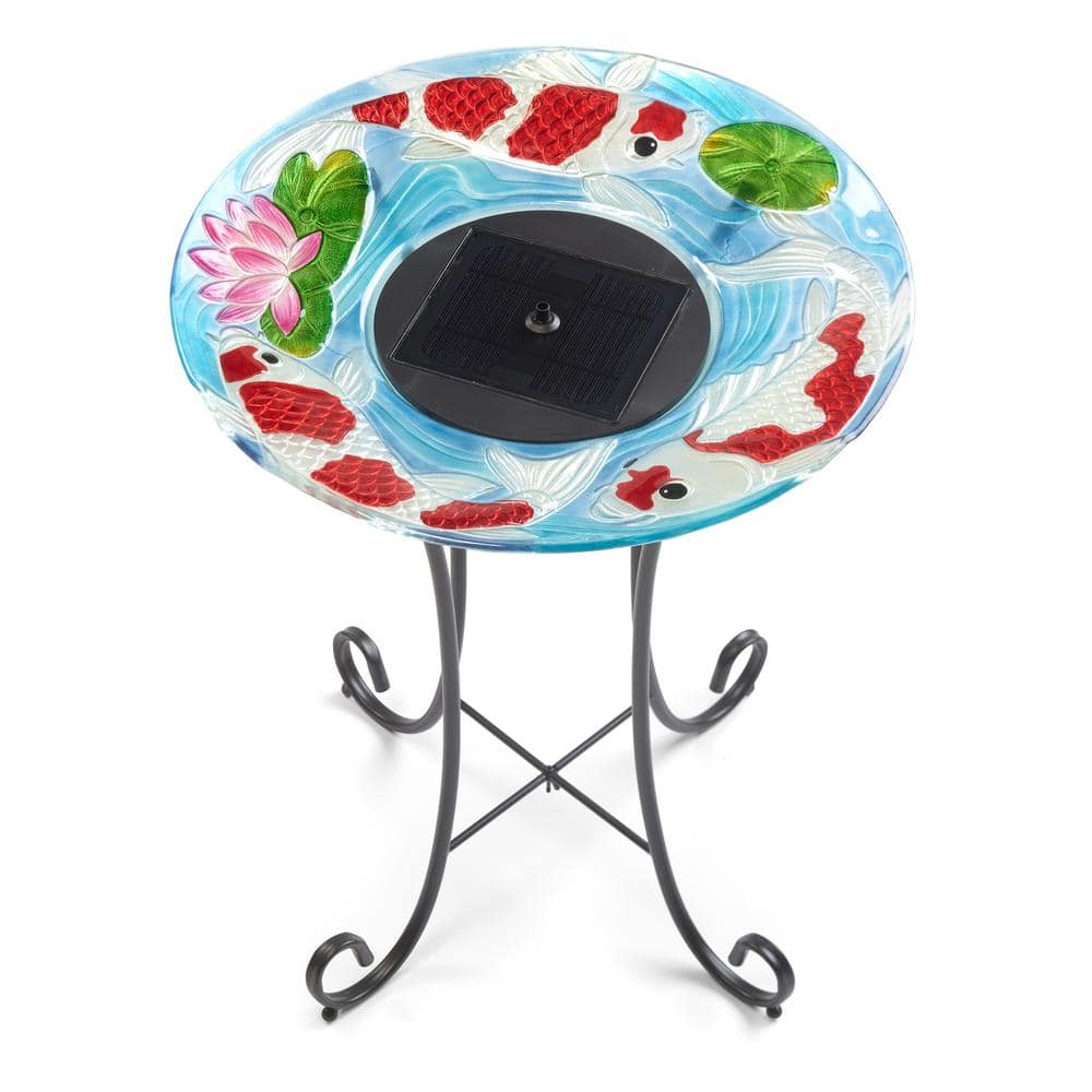Hand-Painted Glass Koi Solar Birdbath with Steel Stand