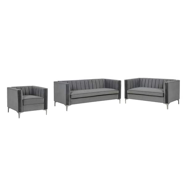 Morden Fort Velvet 3-Piece Sofa Sets Contemporary Home Theater Seating Upholstered Couch Set for Living Room in Gray