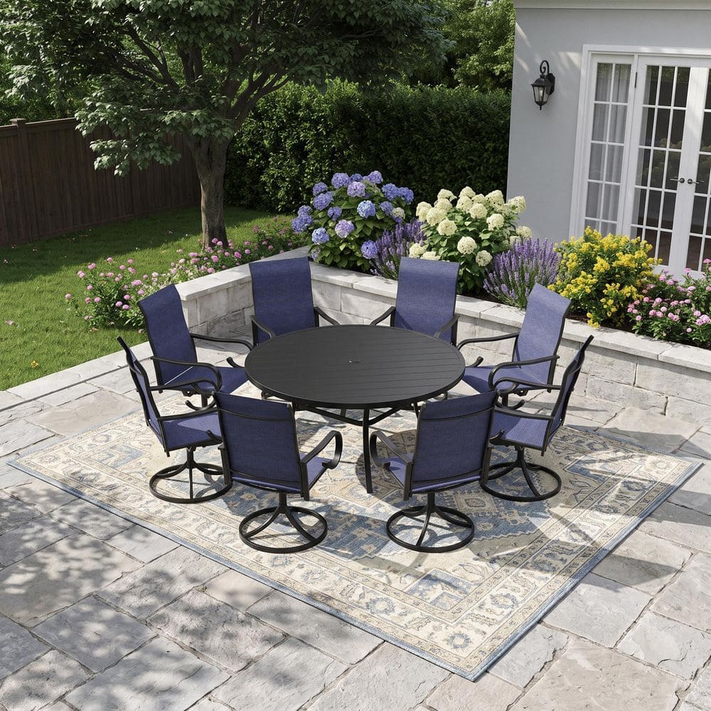 9-Piece Metal Outdoor Dining Set with 60 in. Black Round Slatted Table and 8 Blue 360° Swivel Textilene Dining Chairs price history on PriceWatchPro