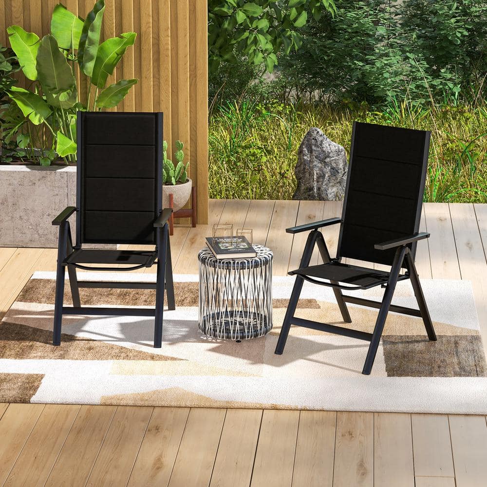 Black Aluminum Outdoor Dining Chair with Adjustable Backrest and Mesh Fabric