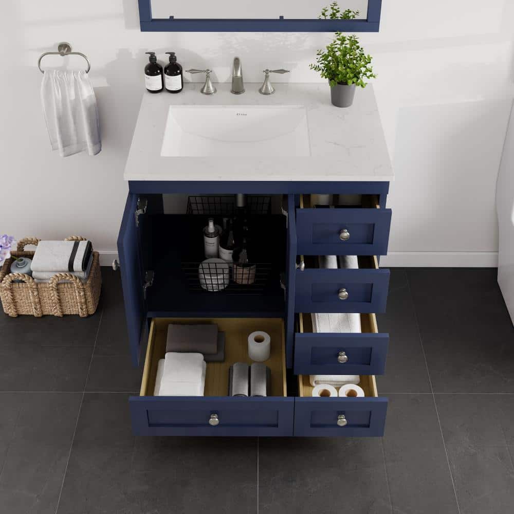 Blue Solid Wood 30" Bathroom Vanity with Carrara Quartz Top