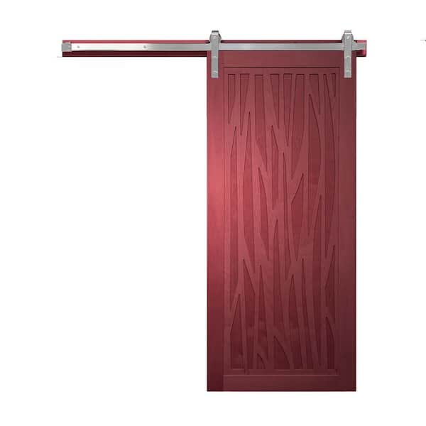 VeryCustom 42 in. x 84 in. Howl at the Moon Carmine Wood Sliding Barn Door with Hardware Kit in Stainless Steel
