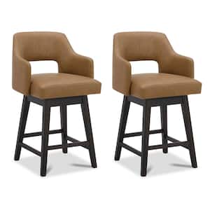 26 in. Joyce Cognac High Back Wood Swivel Counter Stool with Faux Leather Seat (Set of 2)