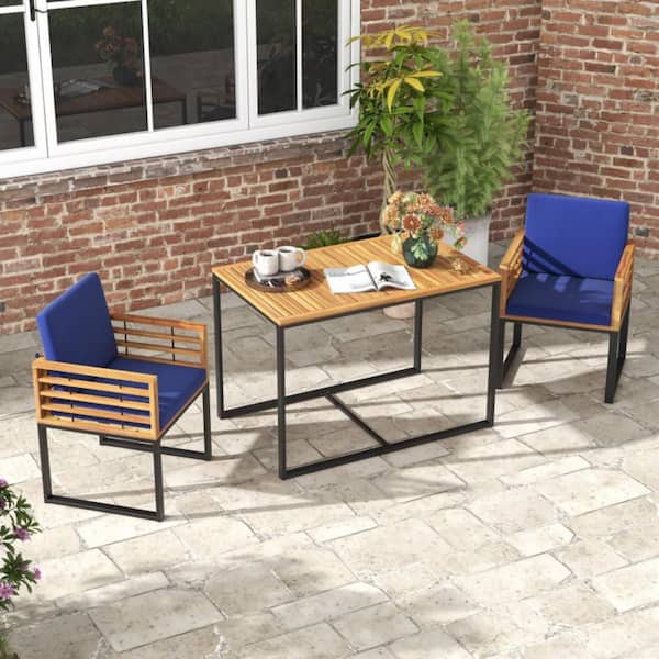 3-Piece Wood Rectangle Outdoor Dining Set with Navy Cushions