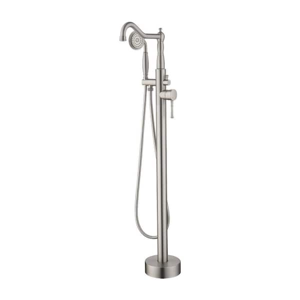 Single Handle Floor Mount Bathtub Faucet Freestanding Tub Filler Standing Shower Faucets with Handheld Shower in Nickel