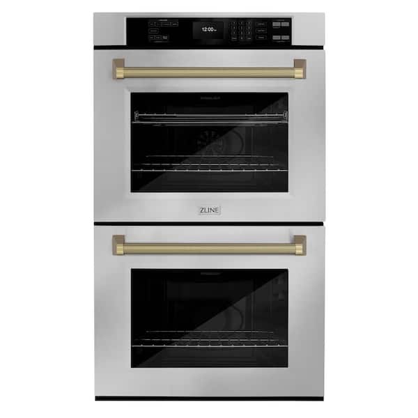Autograph 30 in. True Convection Double Wall Oven with Air Fry in Stainless Steel with Champagne Bronze Helix Handles