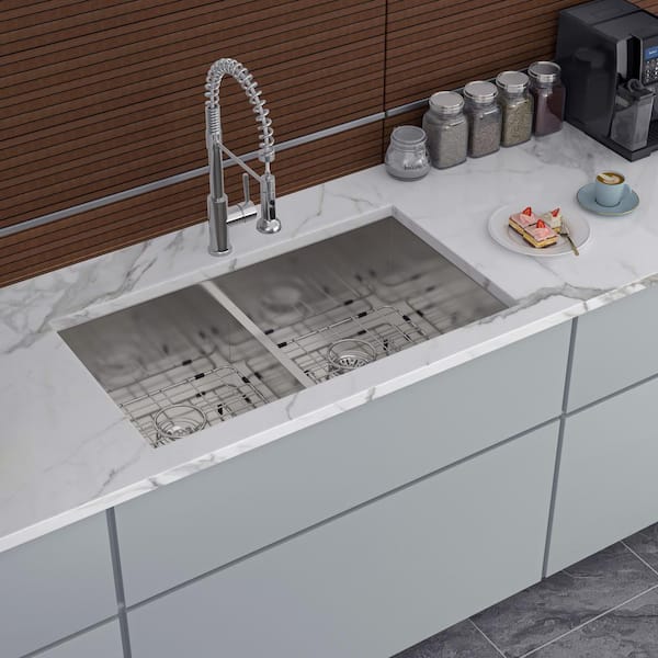 28 in. L x 19 in. W Undermount Double Bowls 16-Gauge Stainless Steel Kitchen Sink in Brushed Nickel