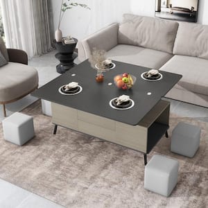47.2 in. Dark Gray Rectangle MDF Multifunctional Lift Top Coffee Table with 4 Ottomans and Drawer