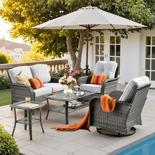 Lily A Gray 5-Piece Wicker Patio Conversation Seating Set with Swivel Rocking Chairs Coffee Table and Gray Cushion