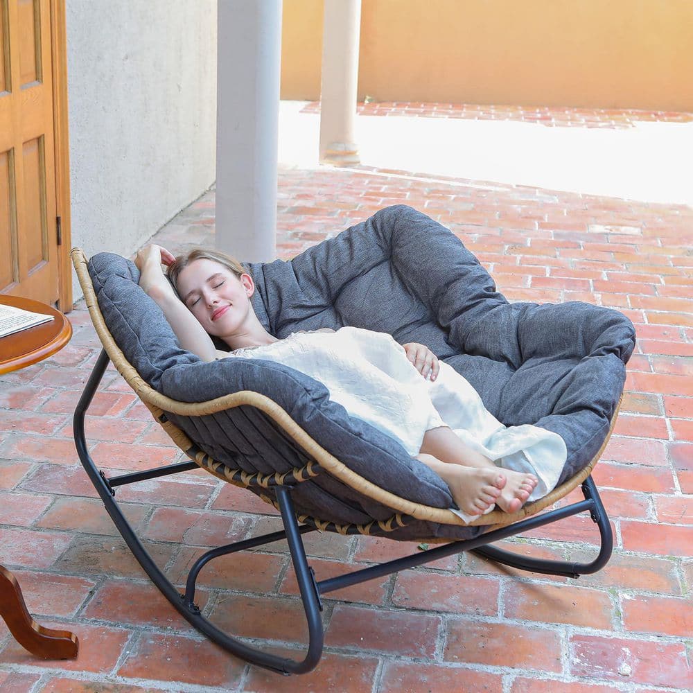 YIYEKE Oversized PE Wicker Outdoor Rocking Chair with Gray Cushion HD ...