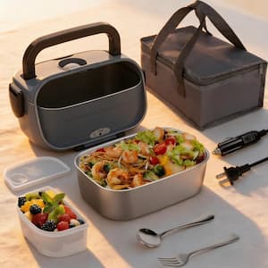 4 Piece 80-Watt Heat Resistant Leak Proof 3-in-1 Electric Heated Lunch Box Set, 1.5 L Stainless Steel Container, in Gray