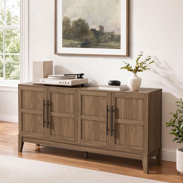 Ambi Light Walnut MDF Buffet with 4-Door Storage Cabinet, 60 in. W for Kitchen and Dining Room