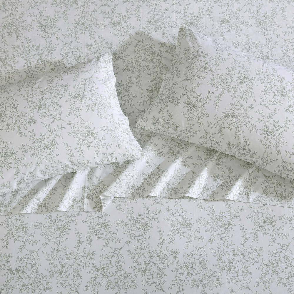 Queen White Cotton Percale Floral Deep Pocket Sheet Set