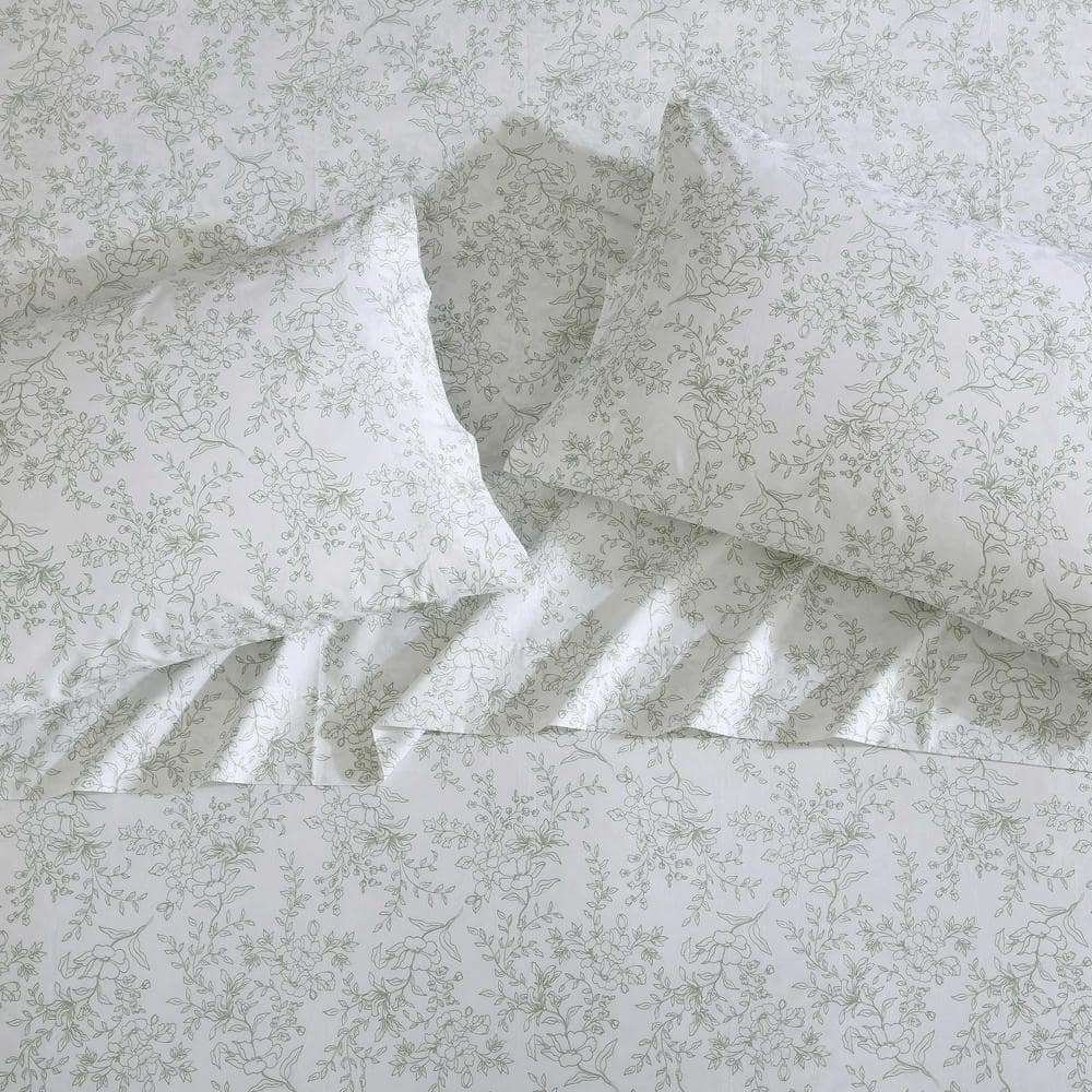 Queen White Cotton Percale Floral Deep Pocket Sheet Set