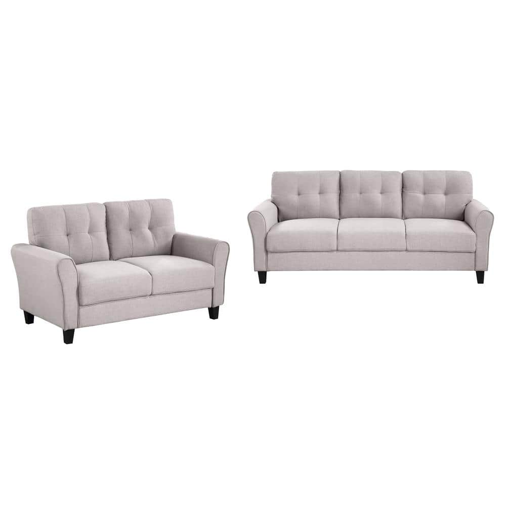 2-Piece Wood Top Gray Sofa Living Room Sets Linen Upholstered Couch Furniture(2+3 Seat )