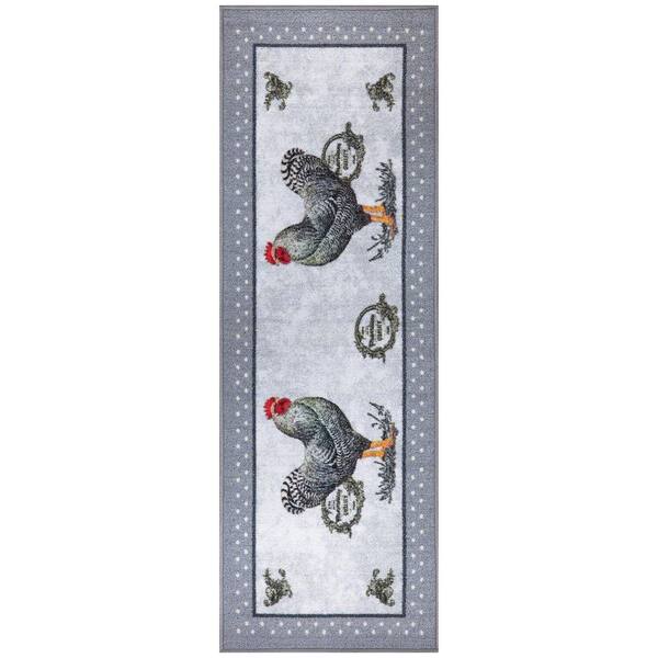 Ottomanson Rooster Collection Non-Slip Rubberback Rooster Design 2x5 Kitchen Runner Rug, 1 ft. 8 in. x 4 ft. 11 in., Light Gray
