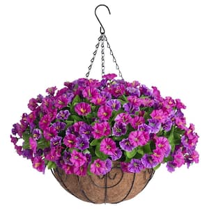 20 in. H Artificial Hanging Flowers with 12 in. Basket, Garden Porch Deck Spring Summer Decor, Lotus and Fuchsia